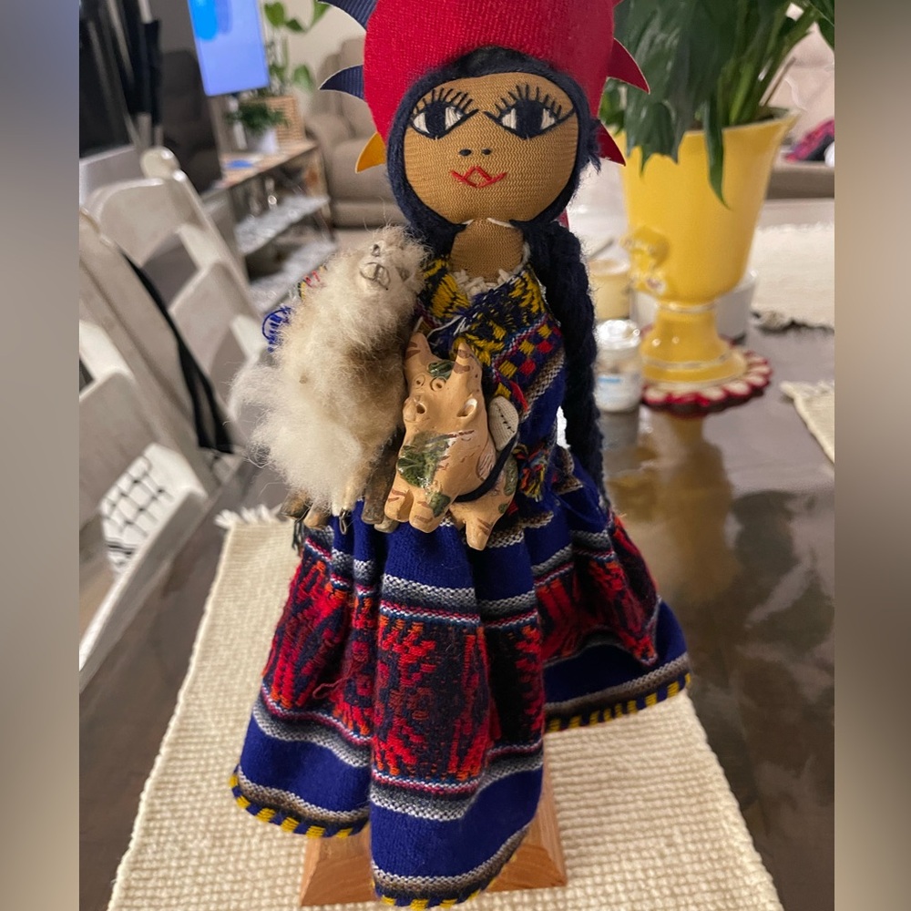 Colorful Handmade Doll with Red and Blue Dress